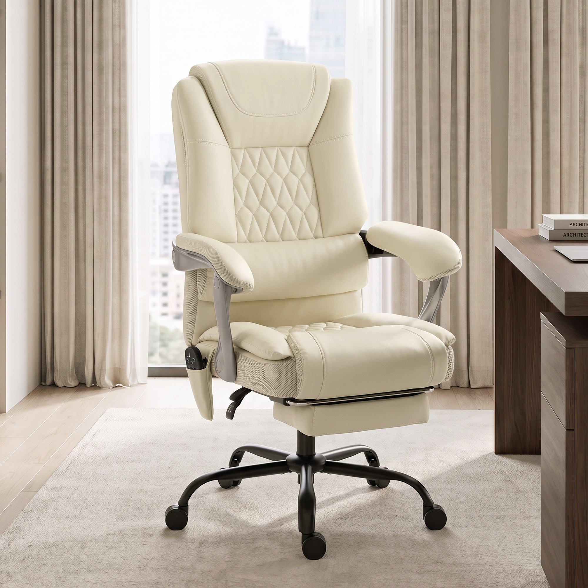 Beige reclining massage office chair - angled view