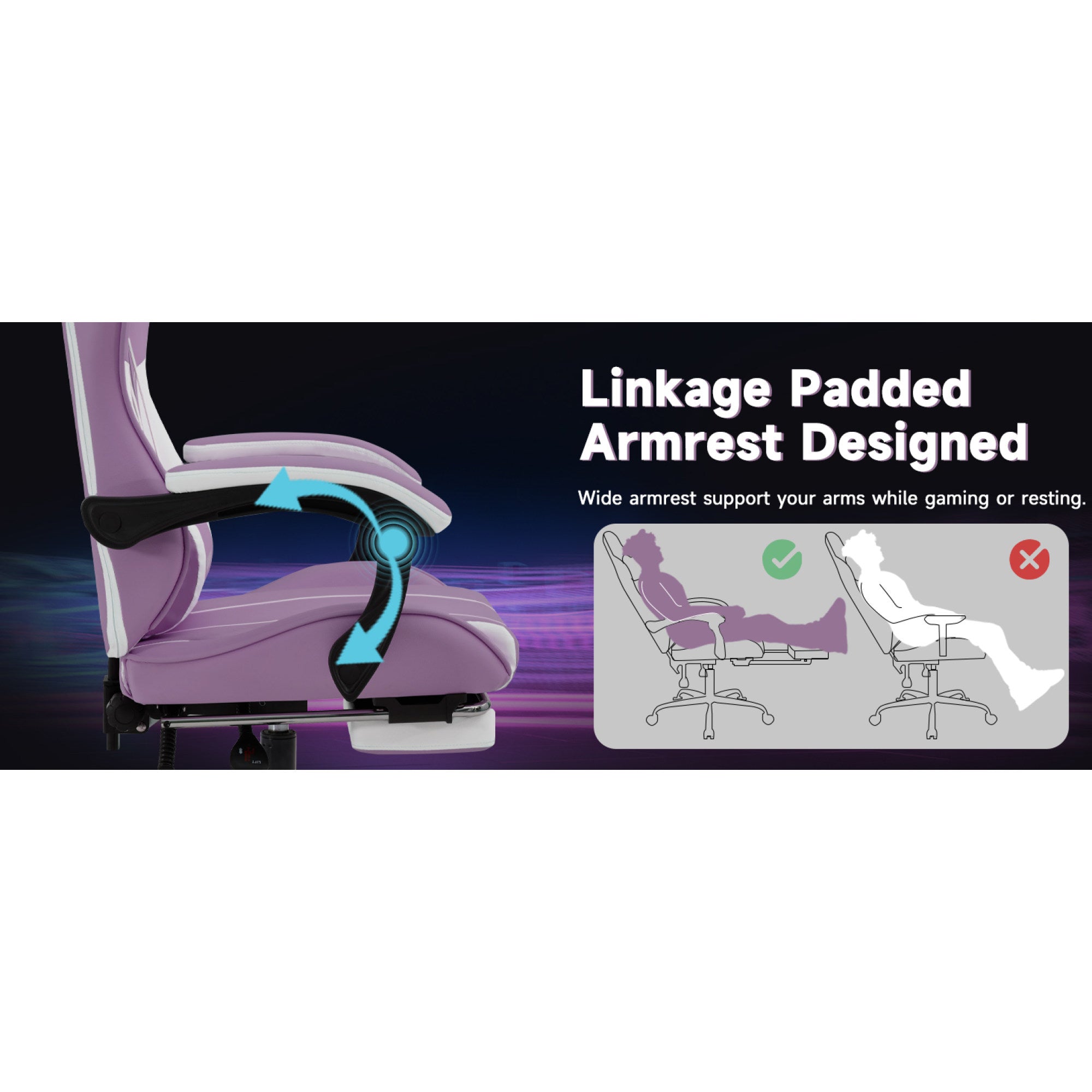 Purple and White Ergonomic Gaming Chair with Footrest - linkage padded armrests