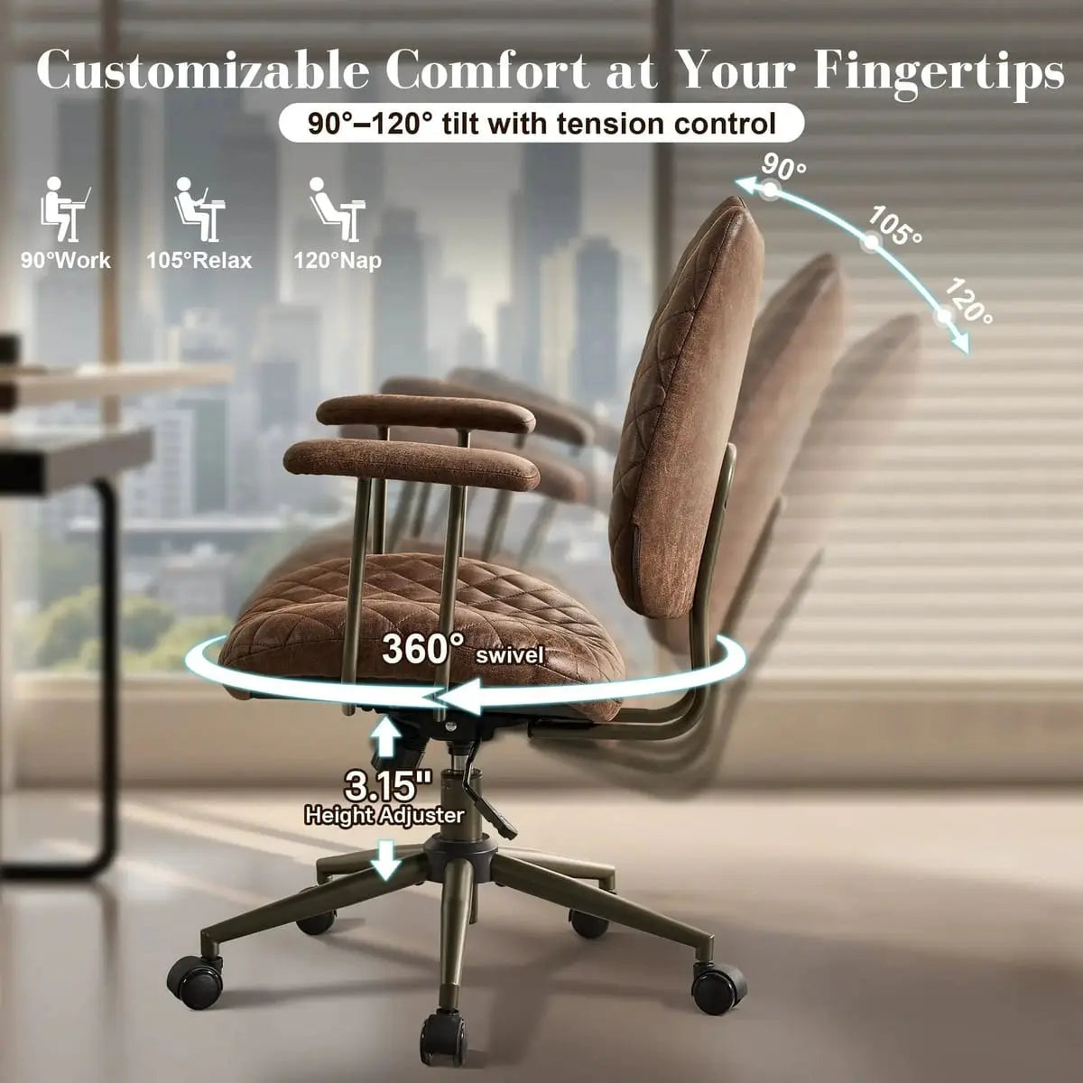 HOOOWOOO Mid-Century Leather Ergonomic Adjustable Swivel Office Chair