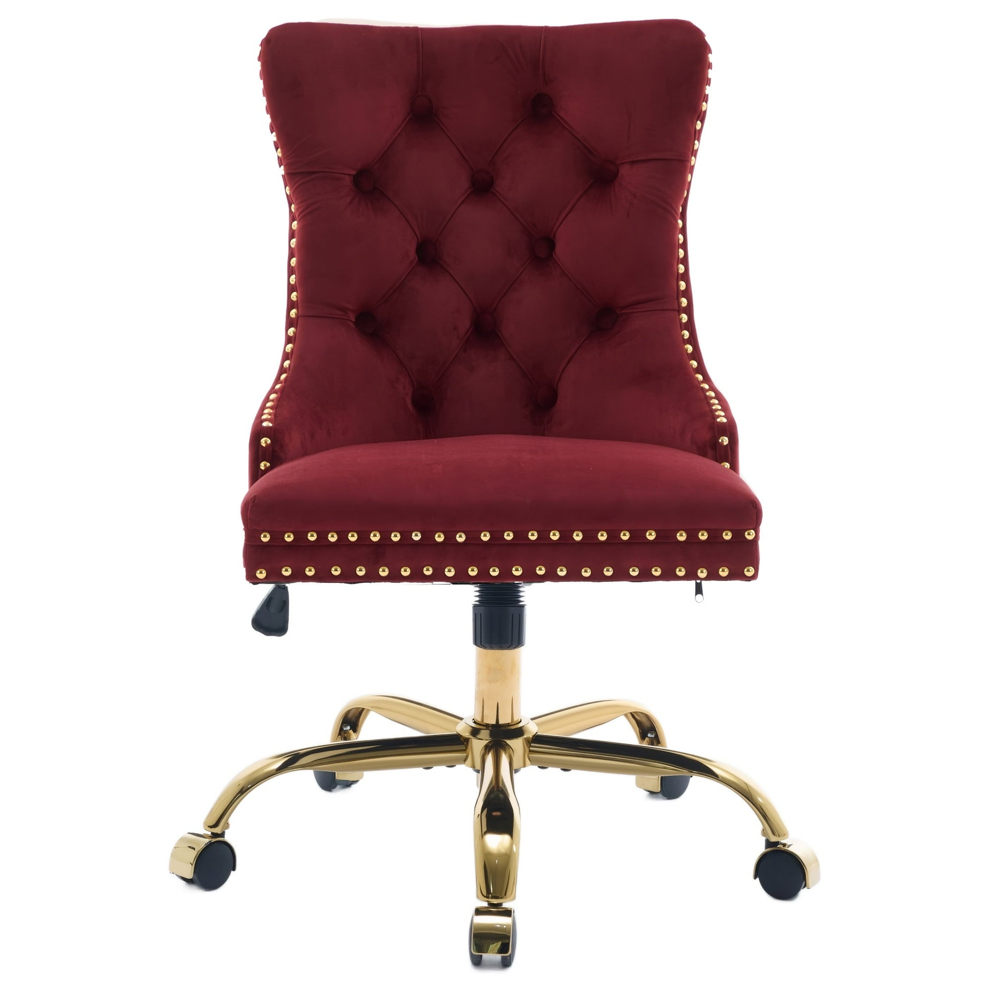 Wine Red Velvet Tufted Office Chair, A&A Furniture Classic Swivel Bedroom Chair with Golden Metal Base and Nailhead Trim - Platinum-Level Office Chairs