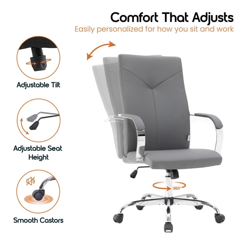20 PCS Sonora Ergonomic High-Back Leather Desk Office Chair with Chrome Base and Tilt for Home Office - Grey