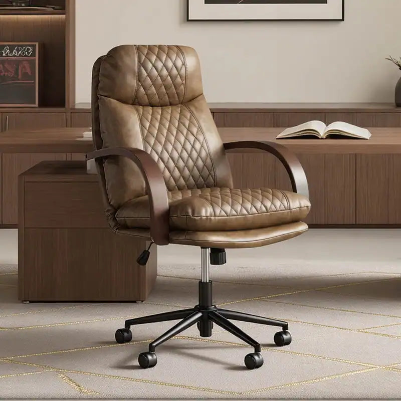 Upholstered Swivel Office Chair with Wood Arms