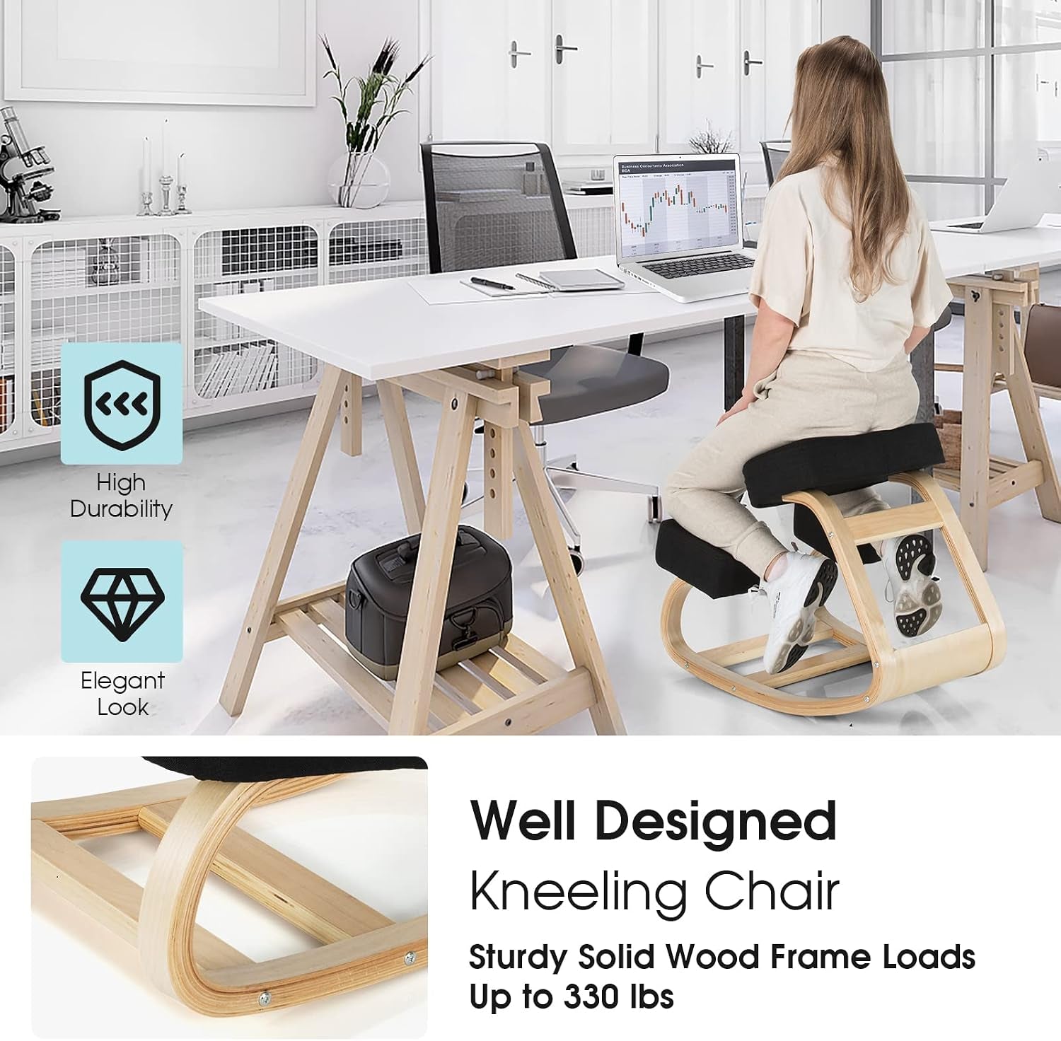 GIANTEX Kneeling Chair, Wood Posture Chair, Max Load 330 Lbs, Rocking Knee Chair with Soft Cushion, Natural Relief for Back, Shoulder or Neck Pain, Ergonomic Kneeling Chair for Office Home