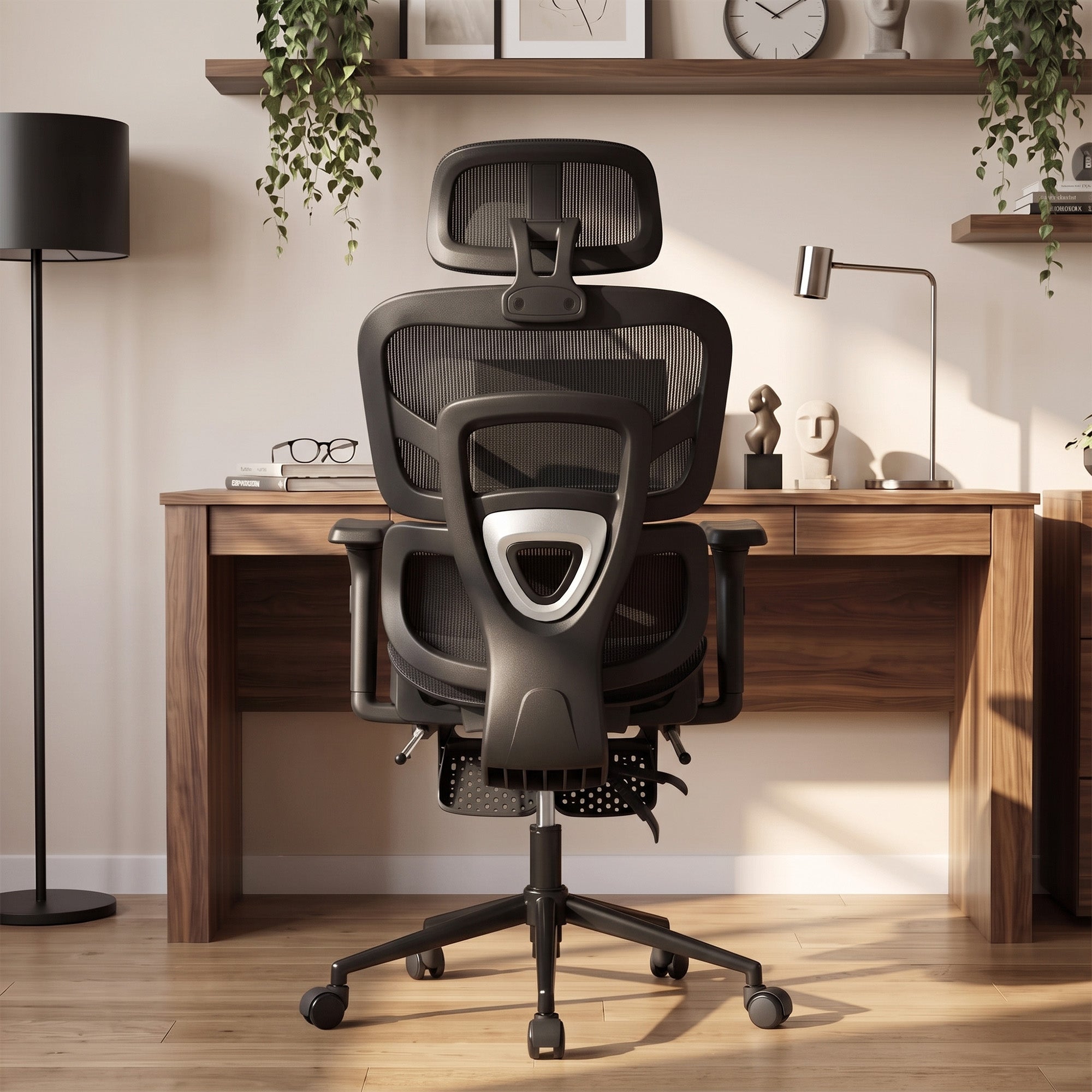 Black ergonomic mesh office chair with headrest - back view