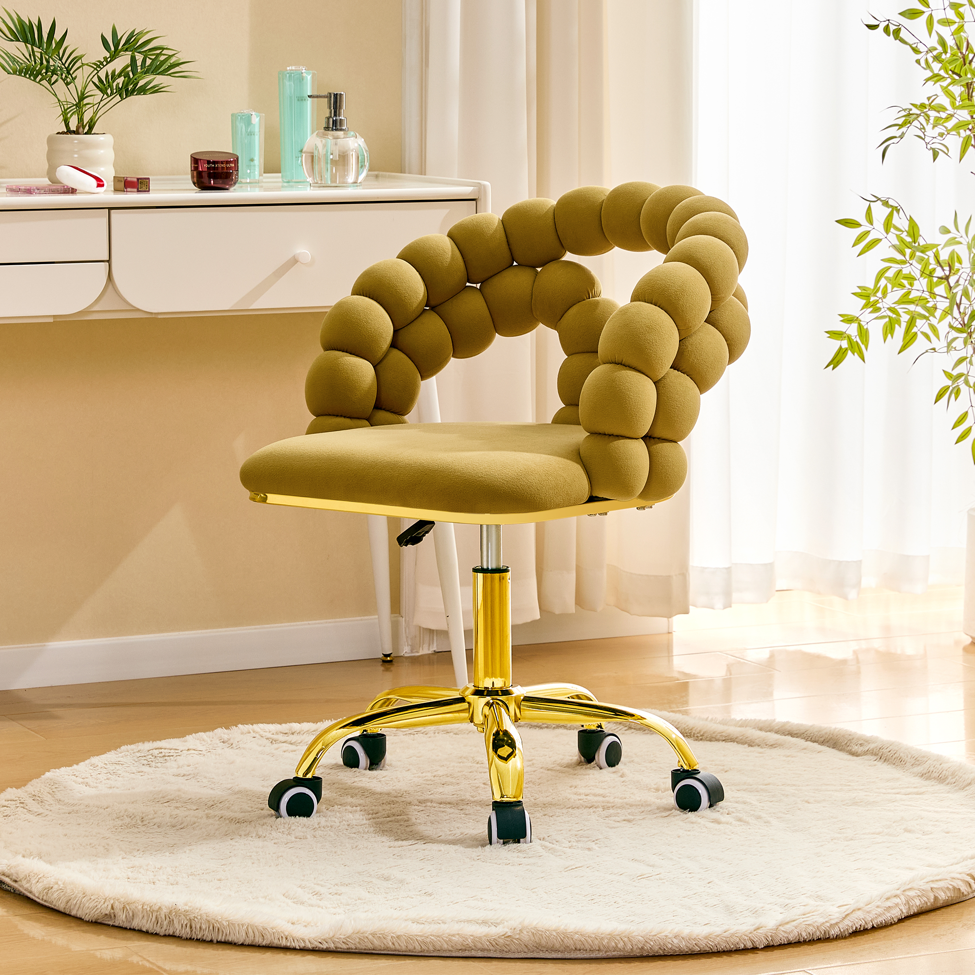 Modern Velvet Bubble Back Swivel Vanity Chair, Mustard Yellow Upholstered Adjustable Home Office Chair with Gold Metal Base for Bedroom, Makeup Room and Desk - Platinum-Level Office Chairs