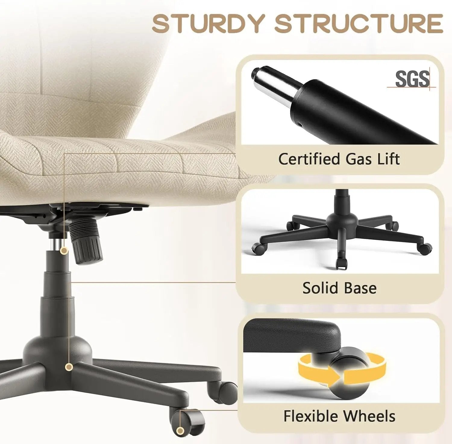 ZZW Criss Cross Chair with Wheels, Wide Cross Legged Office Chair Armless Comfy Desk Chair with Tall Back Vanity Chairs with Stress Relief Curved Design Seat for Bedroom & Office & Home Oatmeal