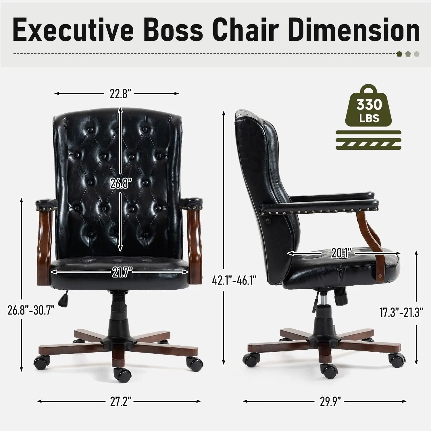 ECOTOUGE executive office chair, black tufted faux leather, wingback with wood arms and five-star swivel base