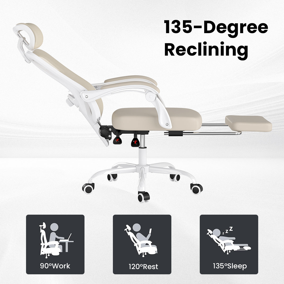 White and khaki ergonomic office chair with mesh back, headrest, footrest, high back, and adjustable lumbar support.