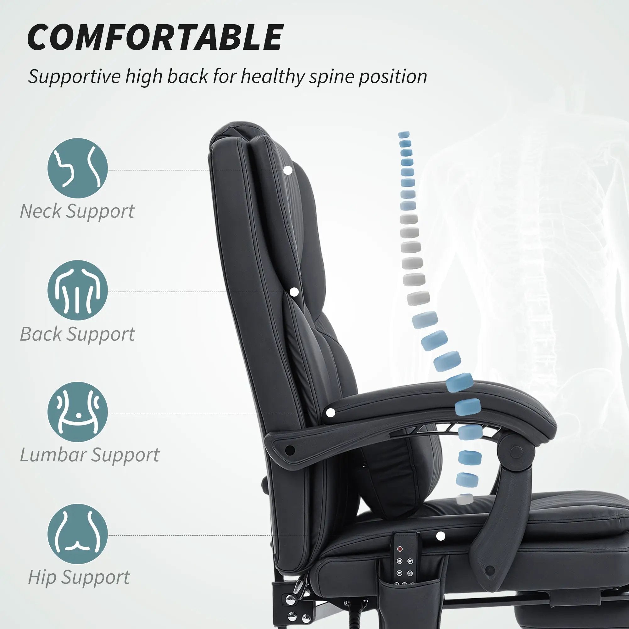 Office Chair with Massage, Pet-Friendly Faux Leather Reclining Desk Chair with Lumbar Support, Footrest, Black by Platinum-Level Office Chairs