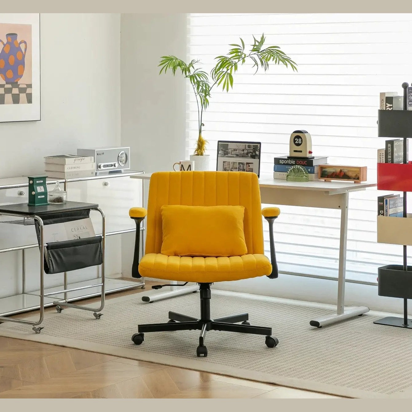 Yellow Linen Criss Cross Armrest Office Chair with Wheels - Ergonomic for Home Office, Work & Study by Platinum-Level Office Chairs