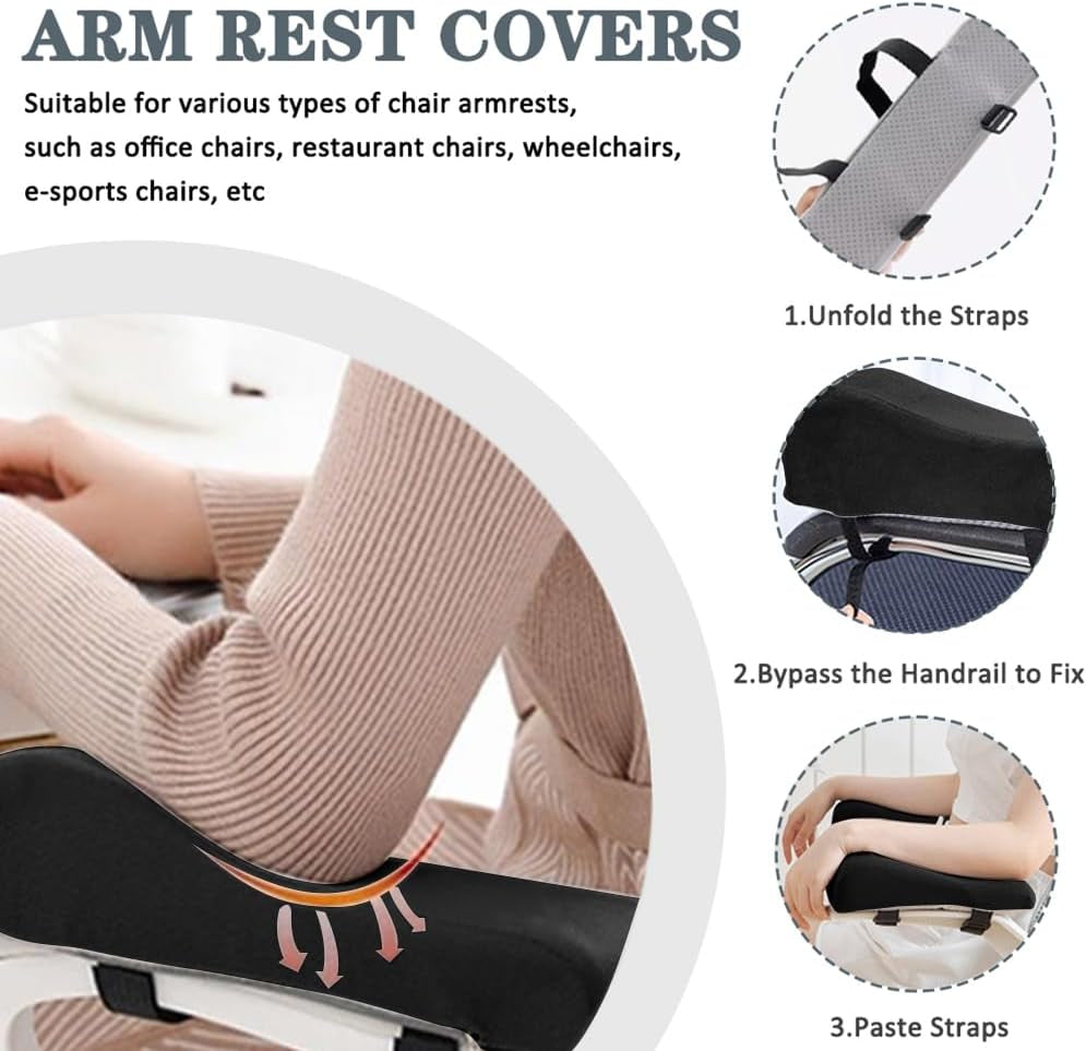 2 Pack Office Chair Armrest Pads Covers,Arm Rest Pad with Memory Foam Elbow Pillow for Forearm Pressure Relief, Arm Rest Covers for Office Chairs, Wheelchair, Comfy Gaming Chair (Black)