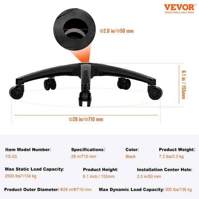VEVOR Heavy-Duty Office Chair Base Replacement - 28" Universal Fit for Computer and Gaming Chairs, 2500 lbs Static Capacity, Black - Platinum-Level Office Chairs