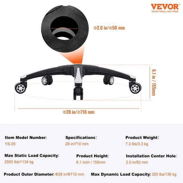 VEVOR Heavy-Duty Office Chair Base Replacement - 28" Universal Fit for Computer and Gaming Chairs, 2500 lbs Static Capacity, Black - Platinum-Level Office Chairs