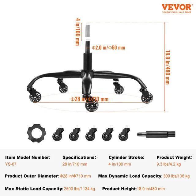 VEVOR Heavy-Duty Office Chair Base Replacement - 28" Universal Fit for Computer and Gaming Chairs, 2500 lbs Static Capacity, Black - Platinum-Level Office Chairs