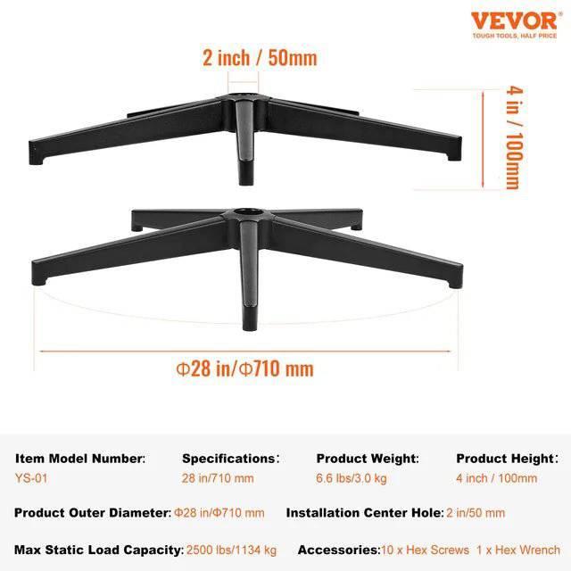 VEVOR Heavy-Duty Office Chair Base Replacement - 28" Universal Fit for Computer and Gaming Chairs, 2500 lbs Static Capacity, Black - Platinum-Level Office Chairs
