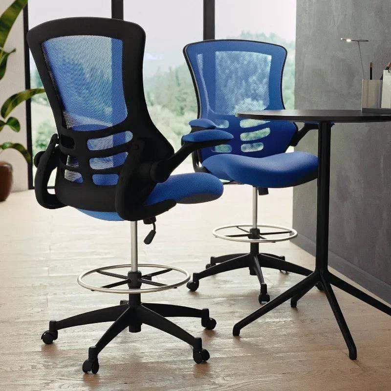 Ergonomic Blue Mesh Drafting Chair with Adjustable Foot Ring and Flip-Up Arms for Enhanced Comfort and Productivity - Platinum-Level Office Chairs
