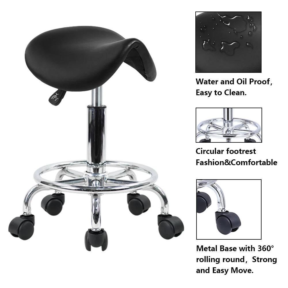 Adjustable KKTONER PU Leather Rolling Saddle Stool with Wheels - Comfortable Salon Chair in Black - Platinum-Level Office Chairs