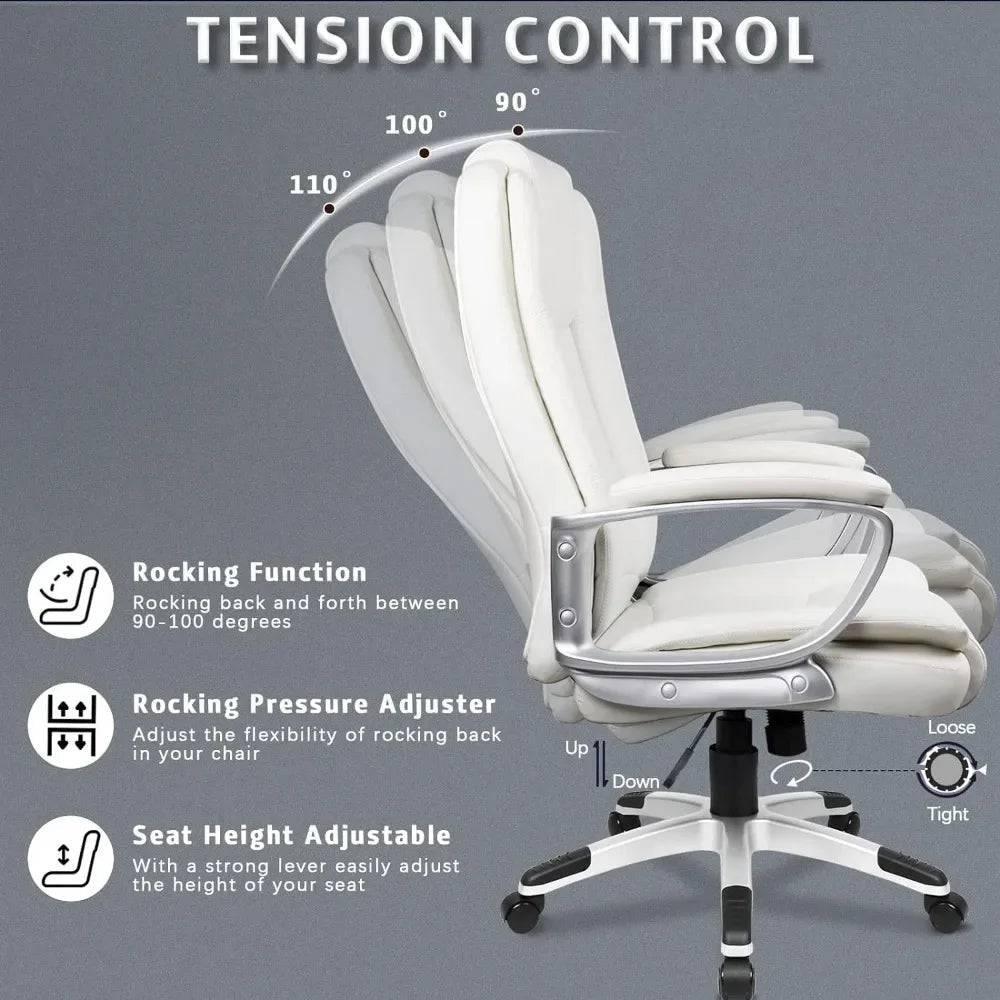 Ergonomic Big and Tall Executive Office Chair with High Back, Adjustable PU Leather and Cushioned Armrests in White - Platinum-Level Office Chairs