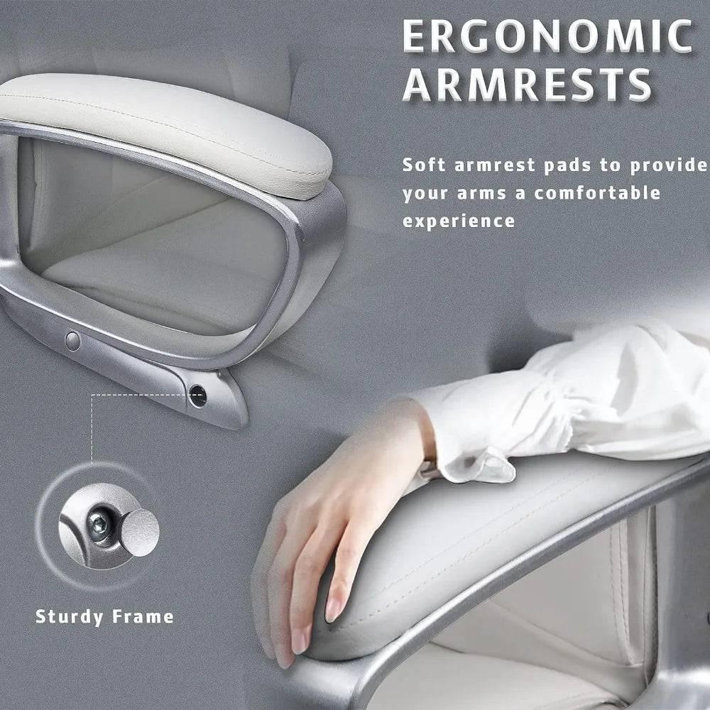 Ergonomic Big and Tall Executive Office Chair with High Back, Adjustable PU Leather and Cushioned Armrests in White - Platinum-Level Office Chairs
