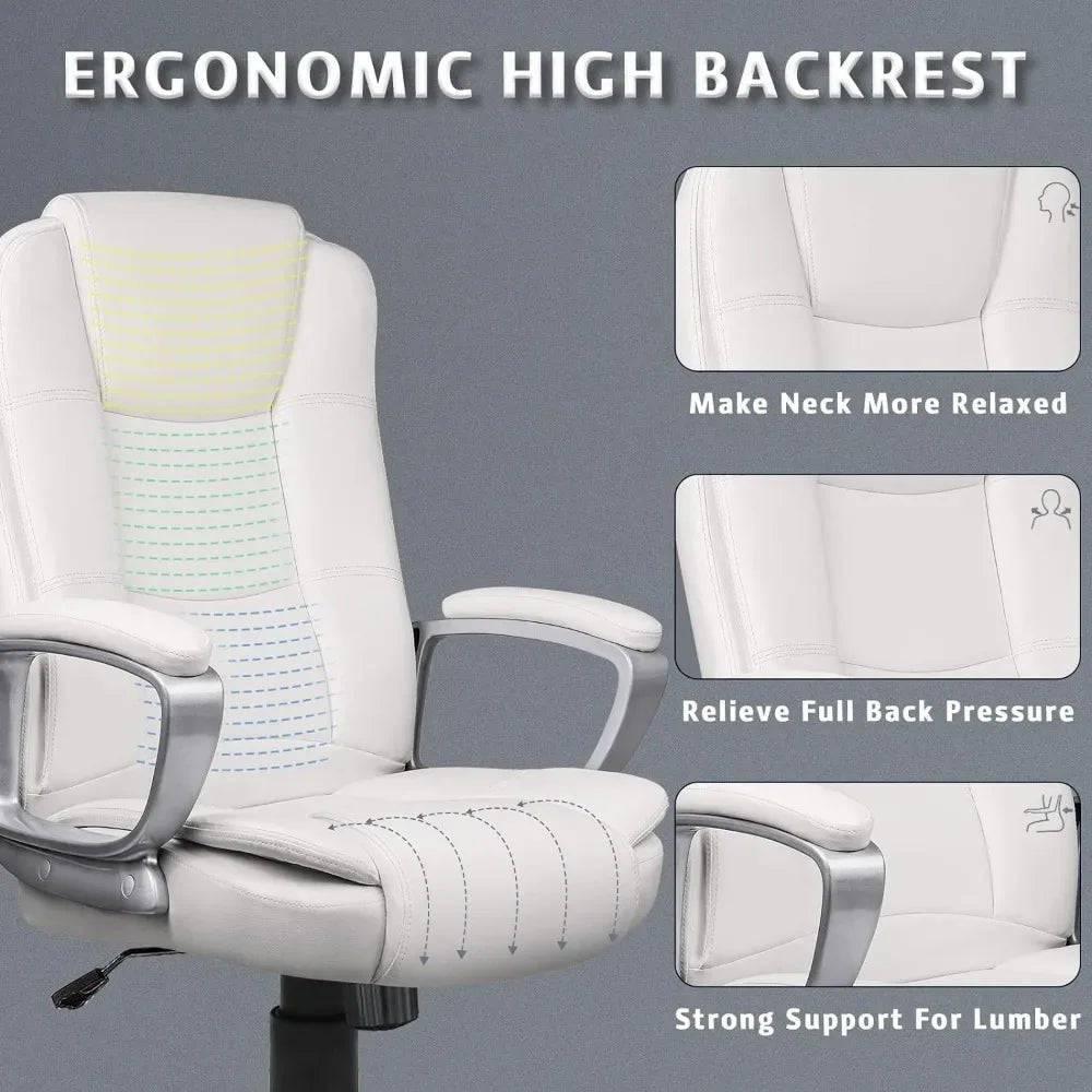 Ergonomic Big and Tall Executive Office Chair with High Back, Adjustable PU Leather and Cushioned Armrests in White - Platinum-Level Office Chairs