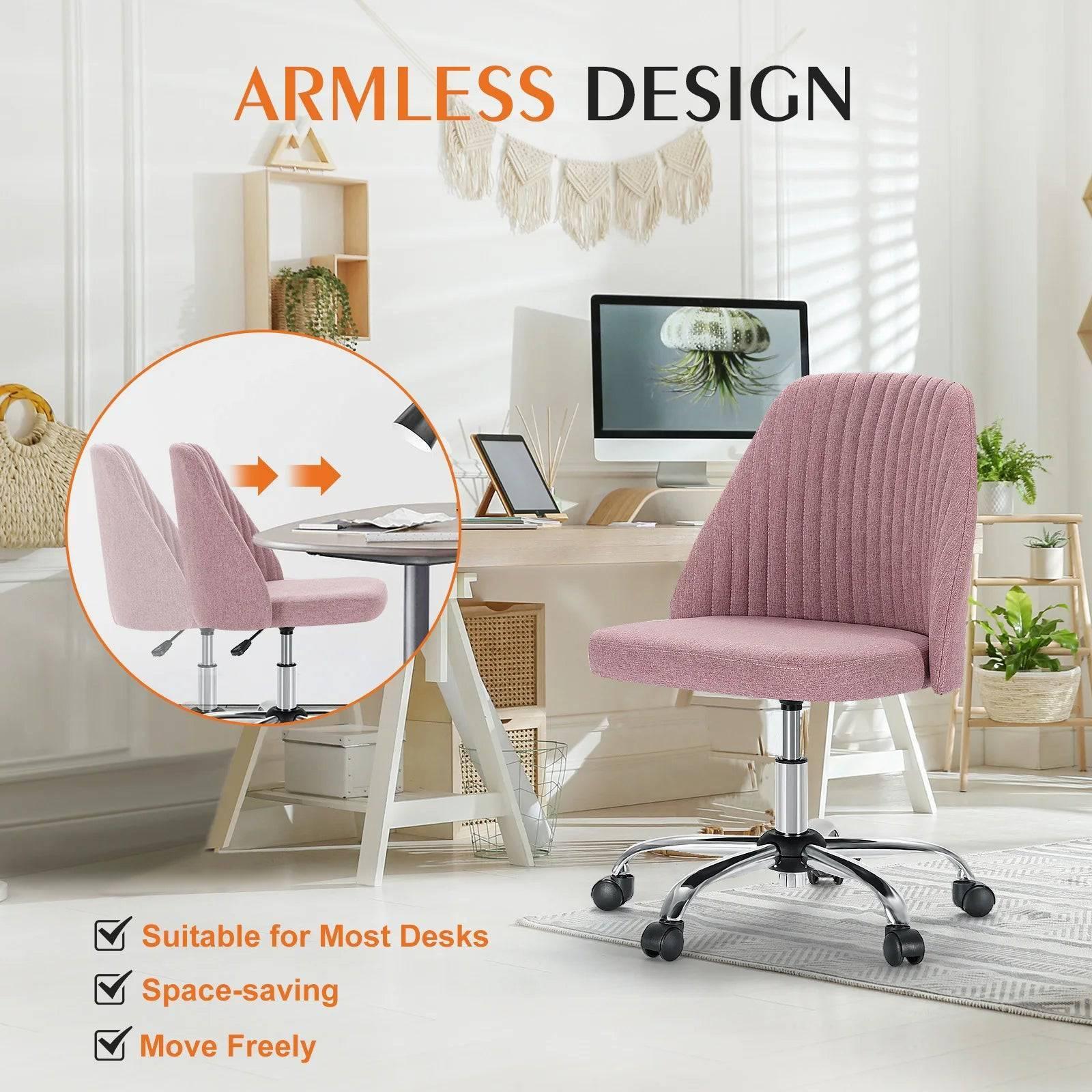 Cute Modern Armless Swivel Desk Chair with Back Support – Versatile Fabric Gaming and Vanity Chair on Wheels - Platinum-Level Office Chairs