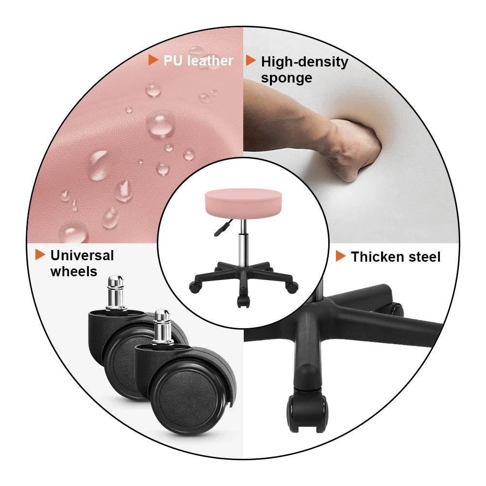 Adjustable Height Pink PU Leather Rolling Salon Stool with Wheels - KKTONER Drafting Chair - Platinum-Level Office Chairs