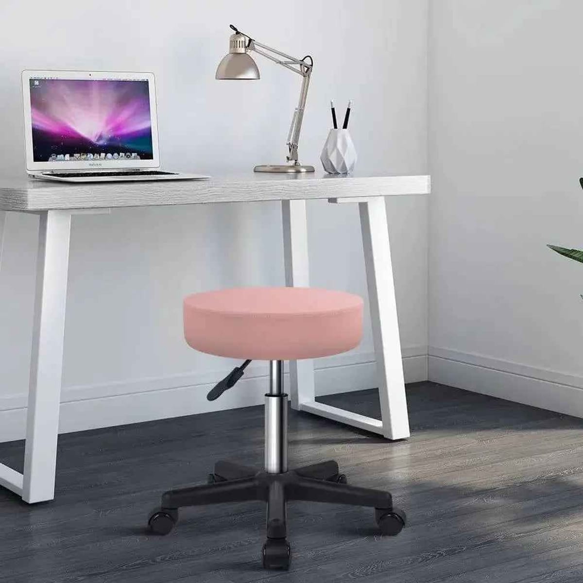 Adjustable Height Pink PU Leather Rolling Salon Stool with Wheels Ergonomic Swivel Office Stool - Platinum-Level Office Chairs