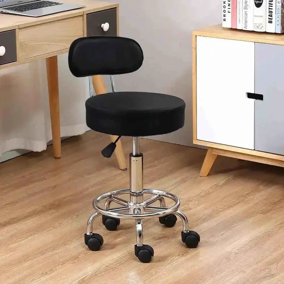 Ergonomic Height Adjustable PU Leather Rolling Stool with Backrest and Footrest for Office, Home, Salon, Spa - Platinum-Level Office Chairs