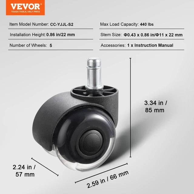 VEVOR Universal Office Chair Replacement Wheels - Set of 5 Dual Ball Bearing Casters for Hardwood and Carpeted Floors - Platinum-Level Office Chairs