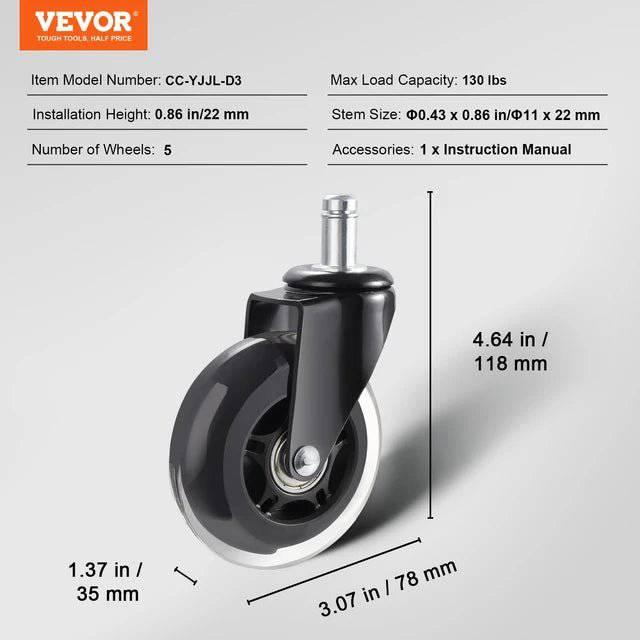 VEVOR Universal Office Chair Replacement Wheels - Set of 5 Dual Ball Bearing Casters for Hardwood and Carpeted Floors - Platinum-Level Office Chairs