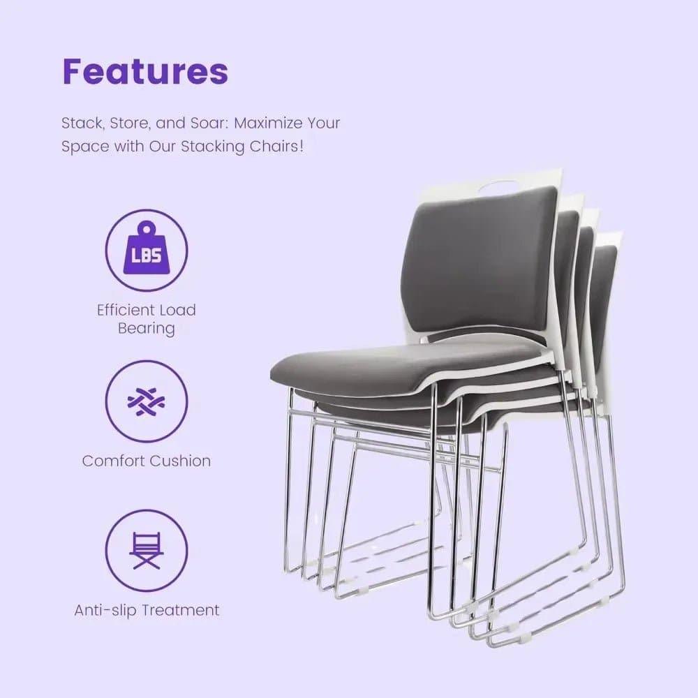 Set of 4 High-Capacity Stacking Chairs for Home and Office - Sleek Gray Reception Chairs with Sled Base - Platinum-Level Office Chairs