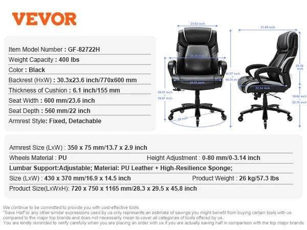 VEVOR High Back Office Chair with Adjustable Lumbar Support and Footrest - Heavy Duty PU Leather Design - Platinum-Level Office Chairs