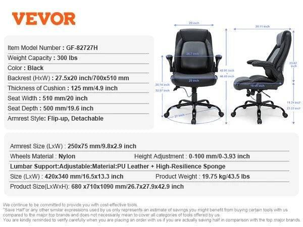 VEVOR High Back Office Chair with Adjustable Lumbar Support and Footrest - Heavy Duty PU Leather Design - Platinum-Level Office Chairs