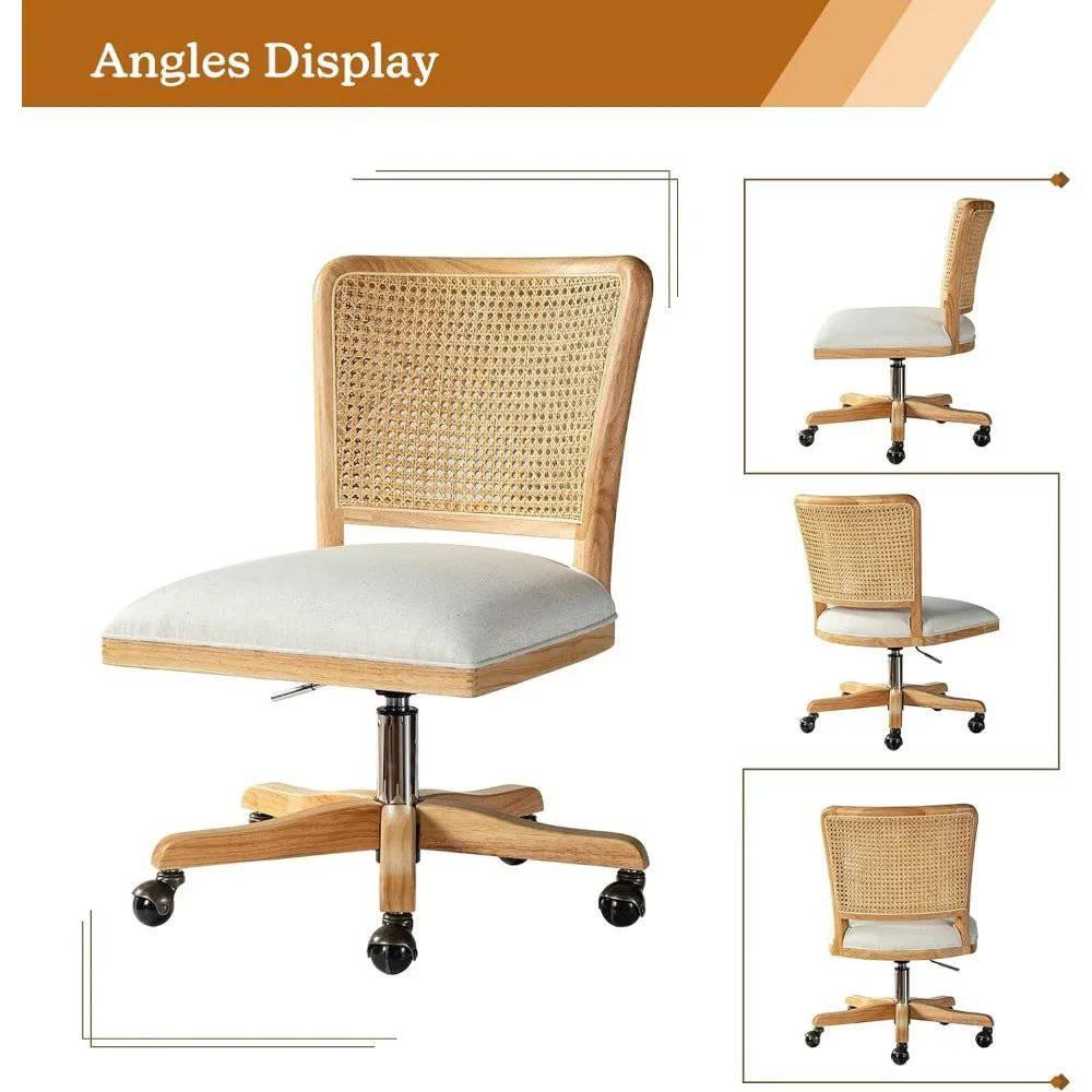 Chic Adjustable Armless Desk Chair with Rattan Backrest - Comfortable Upholstered Swivel Office Chair - Platinum-Level Office Chairs