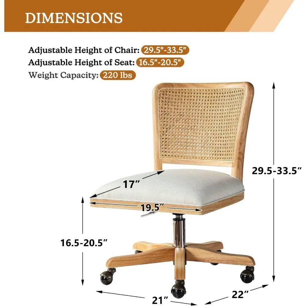 Chic Adjustable Armless Desk Chair with Rattan Backrest - Comfortable Upholstered Swivel Office Chair - Platinum-Level Office Chairs