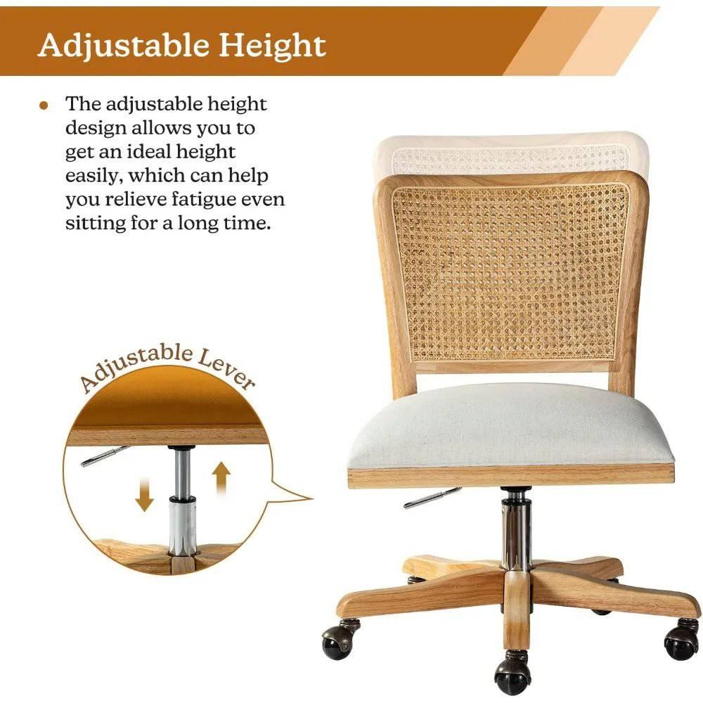 Chic Adjustable Armless Desk Chair with Rattan Backrest - Comfortable Upholstered Swivel Office Chair - Platinum-Level Office Chairs