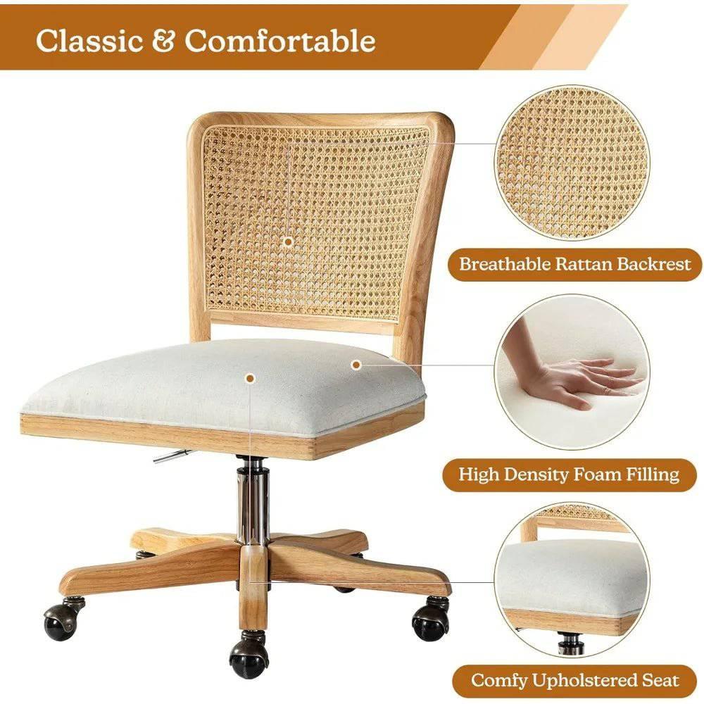 Chic Adjustable Armless Desk Chair with Rattan Backrest - Comfortable Upholstered Swivel Office Chair - Platinum-Level Office Chairs