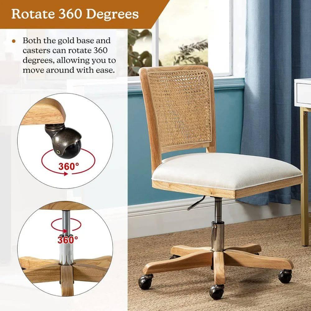 Chic Adjustable Armless Desk Chair with Rattan Backrest - Comfortable Upholstered Swivel Office Chair - Platinum-Level Office Chairs