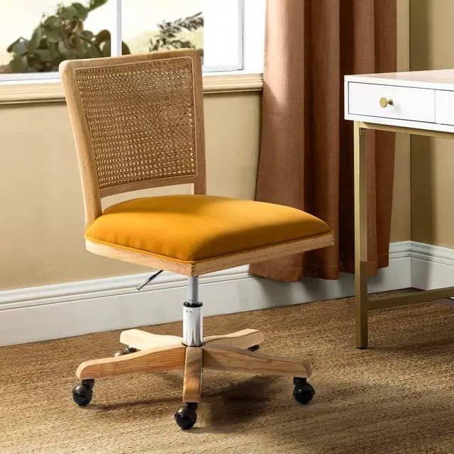 Chic Adjustable Armless Desk Chair with Rattan Backrest - Comfortable Upholstered Swivel Office Chair - Platinum-Level Office Chairs