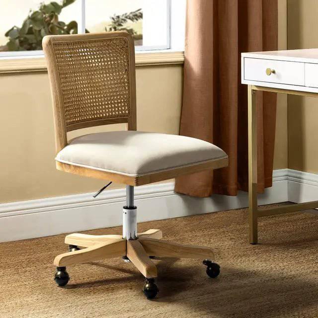 Chic Adjustable Armless Desk Chair with Rattan Backrest - Comfortable Upholstered Swivel Office Chair - Platinum-Level Office Chairs