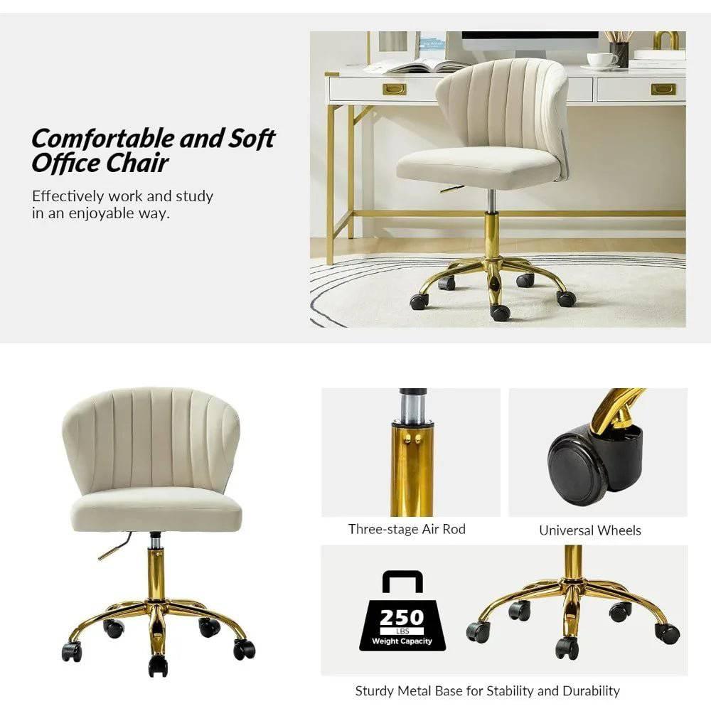 Adjustable Velvet Task Chair with Gold Casters, Compact Swivel Desk Chair for Home Office and Vanity - Platinum-Level Office Chairs