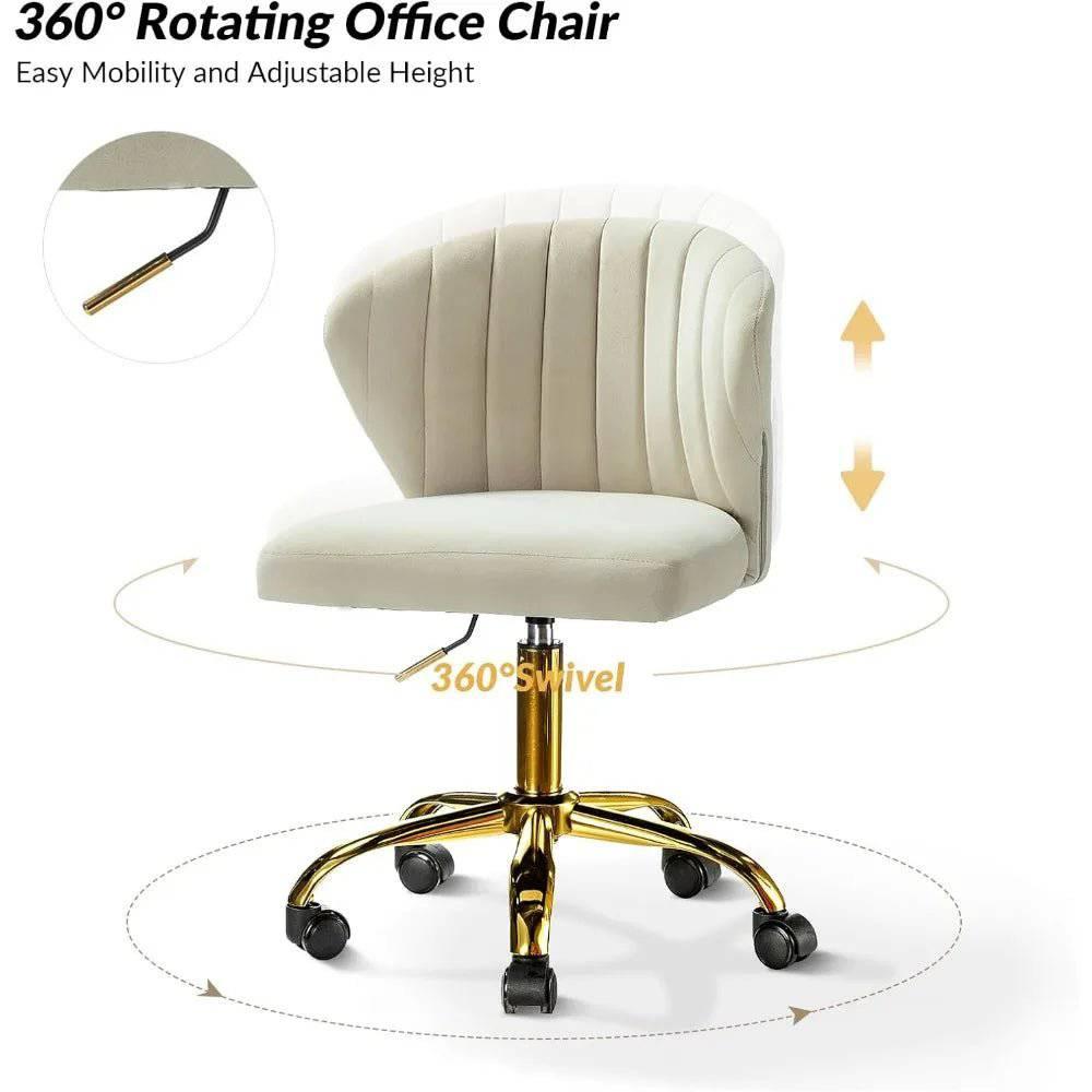 Adjustable Velvet Task Chair with Gold Casters, Compact Swivel Desk Chair for Home Office and Vanity - Platinum-Level Office Chairs