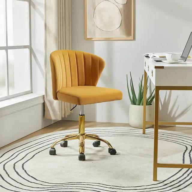 Adjustable Velvet Task Chair with Gold Casters, Compact Swivel Desk Chair for Home Office and Vanity - Platinum-Level Office Chairs