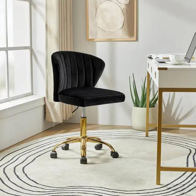 Adjustable Velvet Task Chair with Gold Casters, Compact Swivel Desk Chair for Home Office and Vanity - Platinum-Level Office Chairs