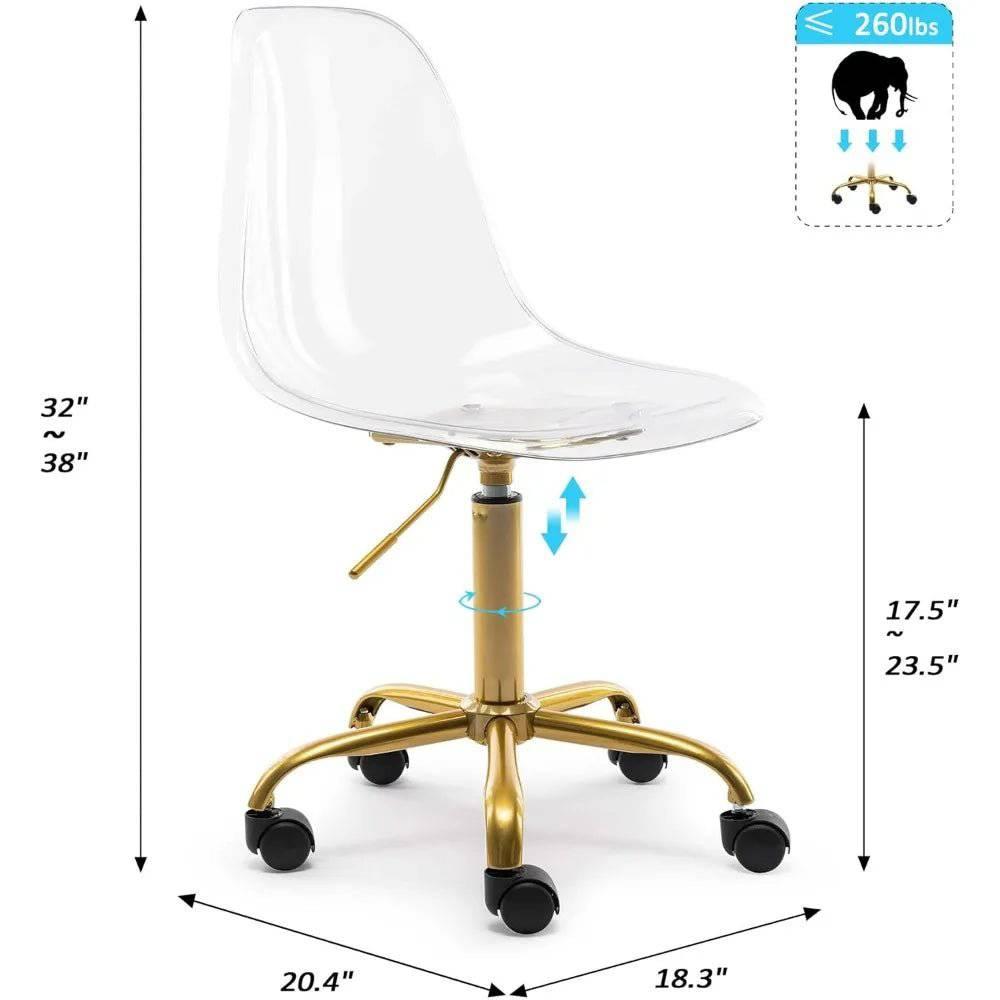 Modern Acrylic Swivel Desk Chair with Gold Legs - Armless Adjustable Home Office Vanity Chair - Platinum-Level Office Chairs