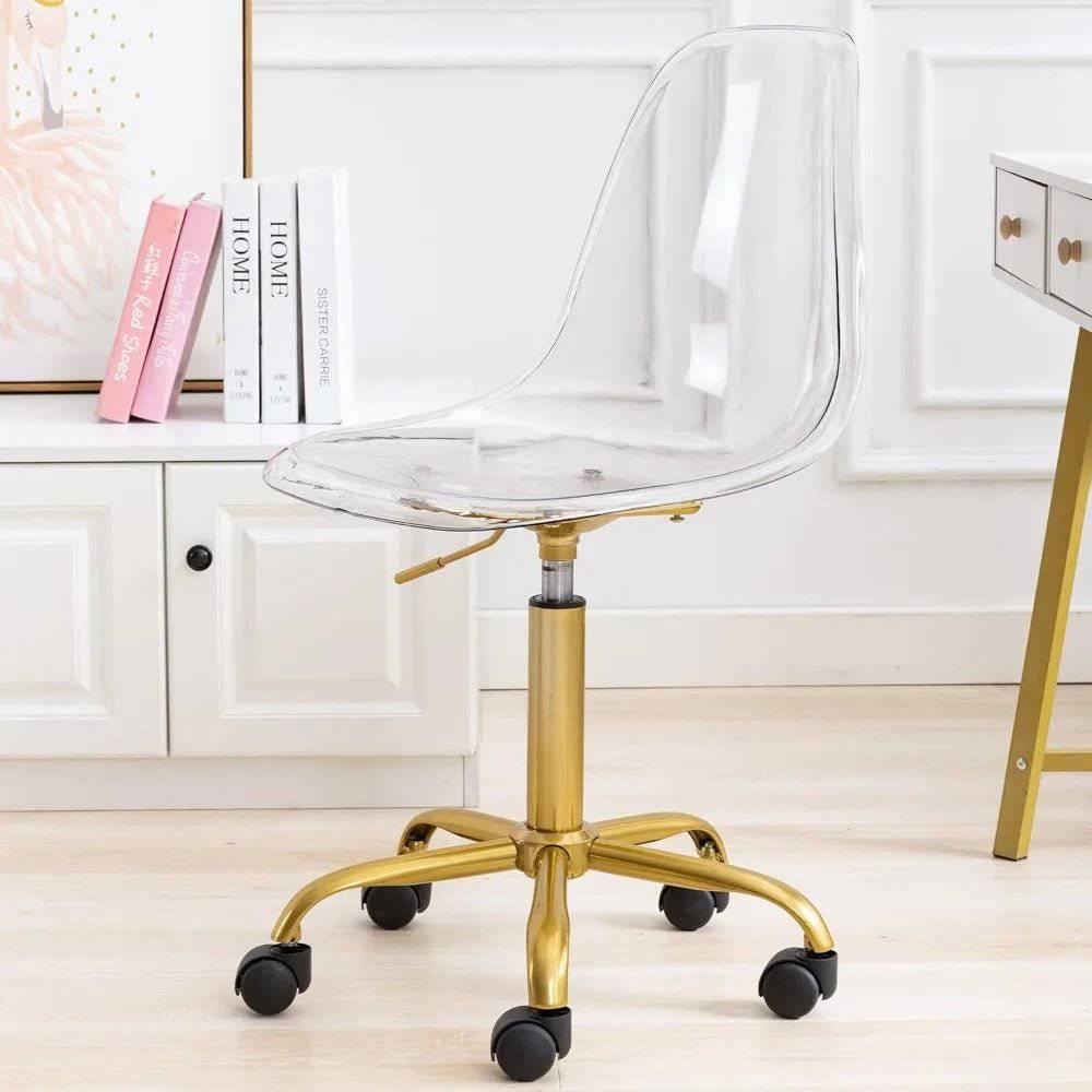 Modern Acrylic Swivel Desk Chair with Gold Legs - Armless Adjustable Home Office Vanity Chair - Platinum-Level Office Chairs