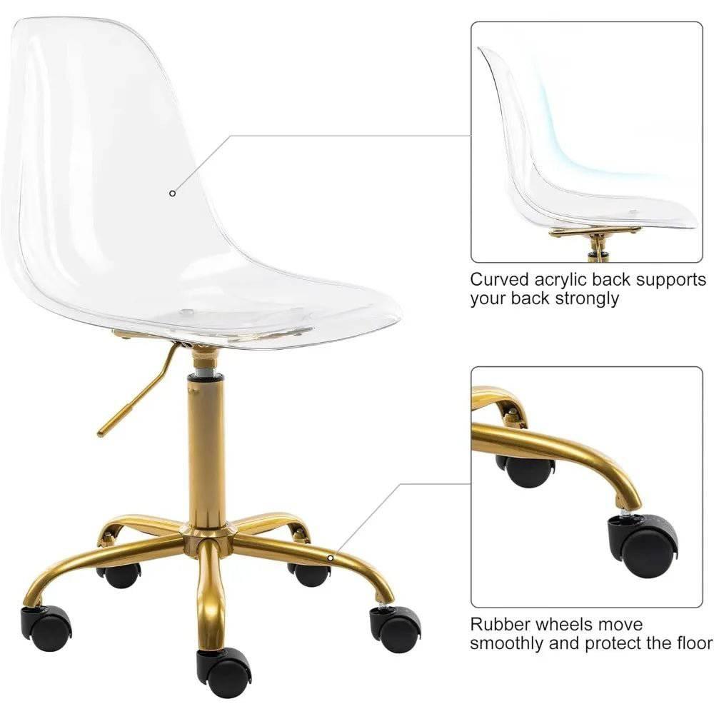 Modern Acrylic Swivel Desk Chair with Gold Legs - Armless Adjustable Home Office Vanity Chair - Platinum-Level Office Chairs