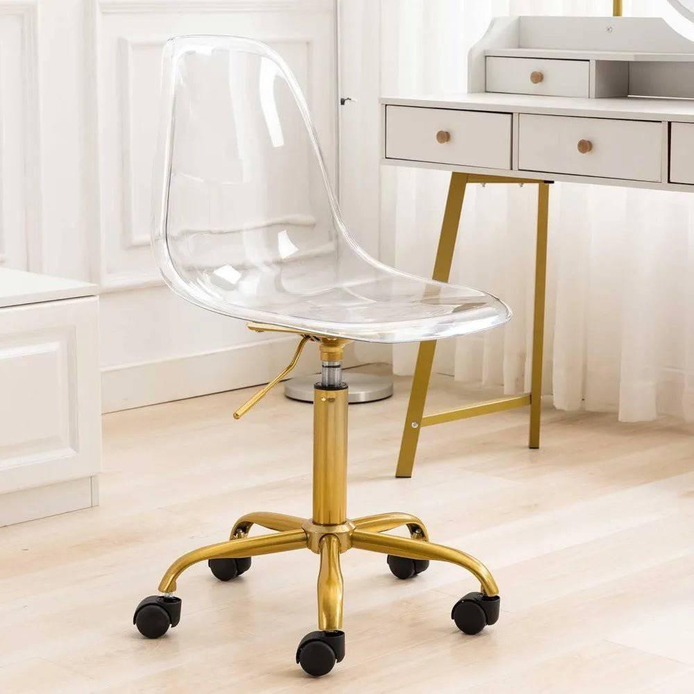 Modern Acrylic Swivel Desk Chair with Gold Legs - Armless Adjustable Home Office Vanity Chair - Platinum-Level Office Chairs