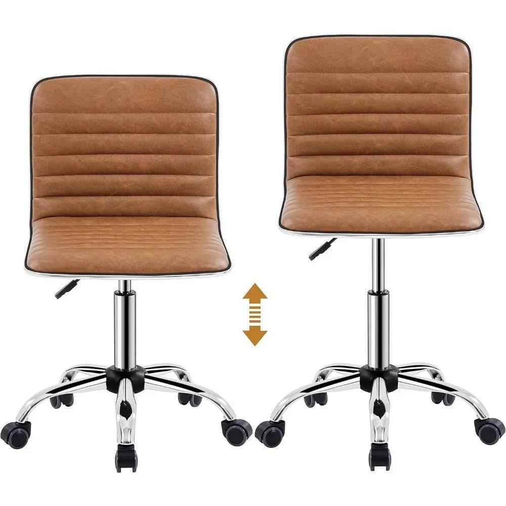 Modern PU Leather Armless Swivel Task Chair with Ribbed Design and Wheels - Platinum-Level Office Chairs