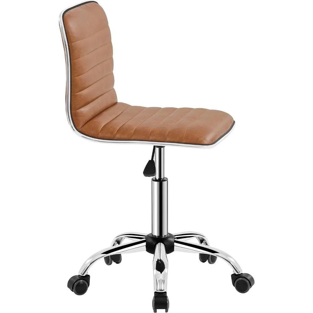 Modern PU Leather Armless Swivel Task Chair with Ribbed Design and Wheels - Platinum-Level Office Chairs